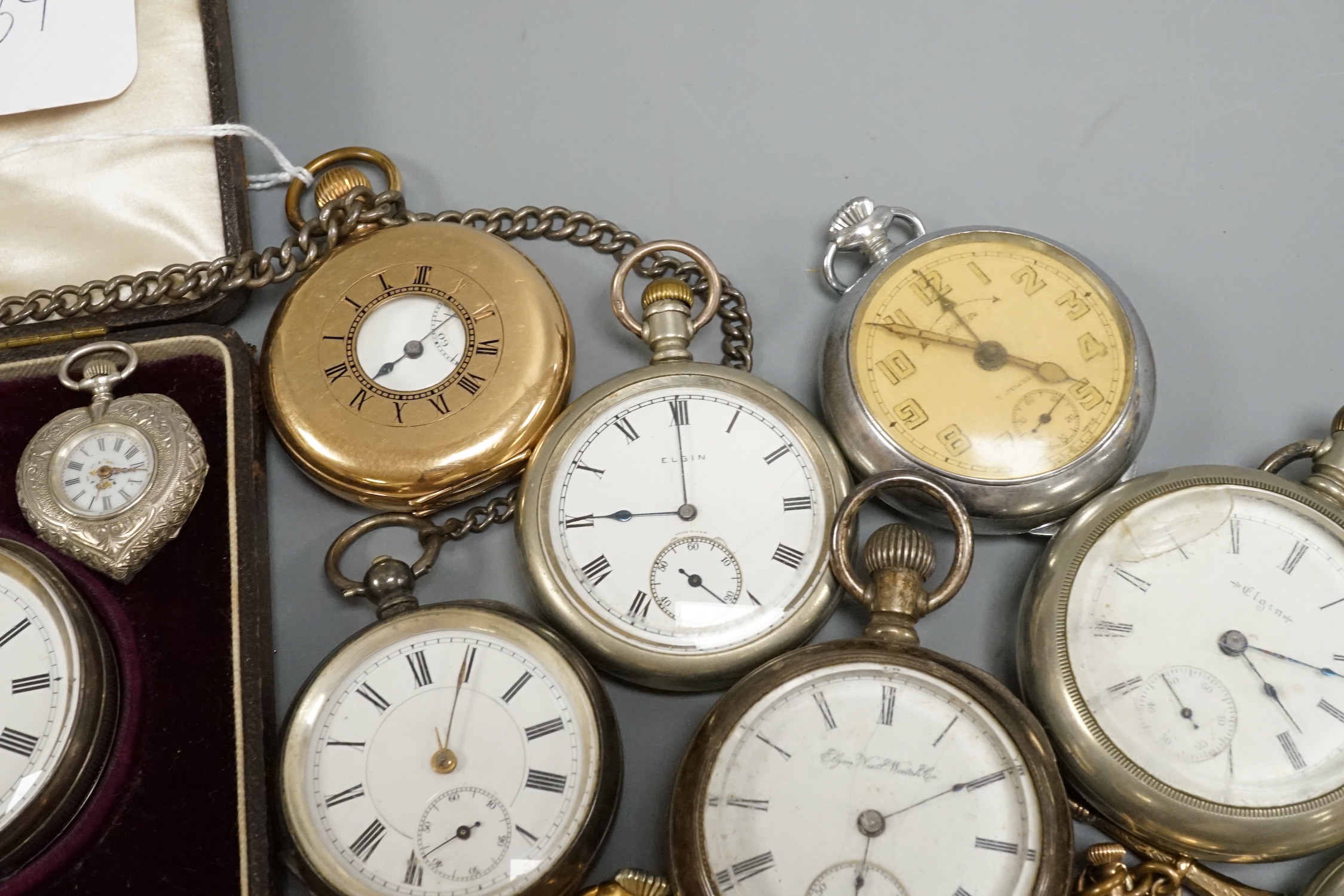 A collection of assorted wrist, fob and mainly pocket watches including Elgin and Garrard.